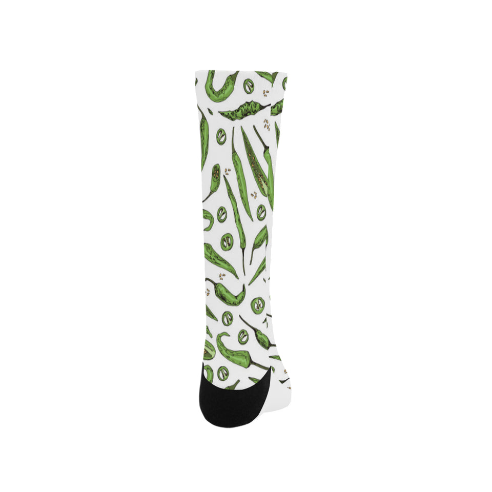 Hand drawn sketch style green Chili peppers patter Crew Socks