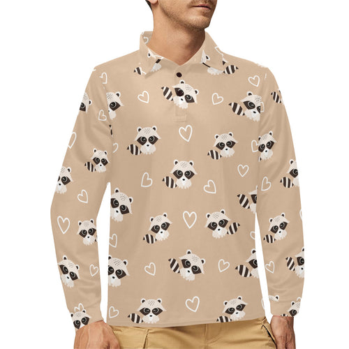 Cute raccoon heart pattern Men's Long Sleeve Polo Shirt