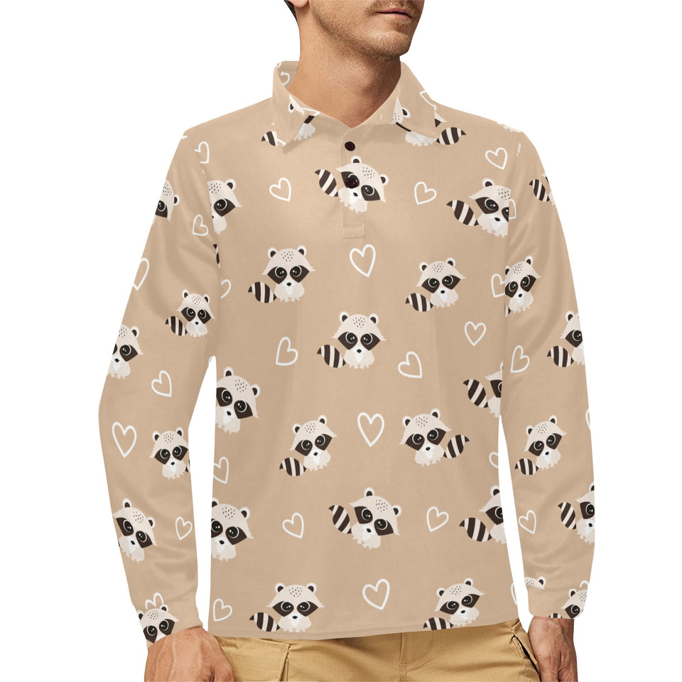 Cute raccoon heart pattern Men's Long Sleeve Polo Shirt