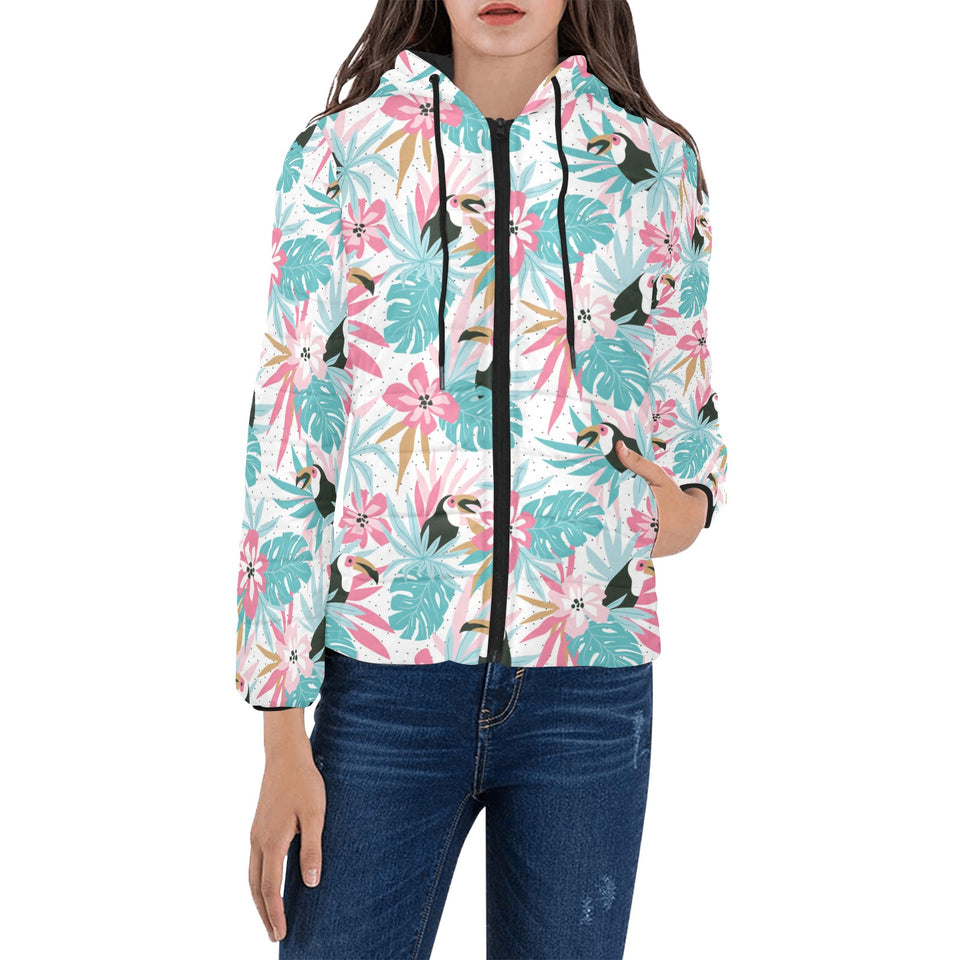 Toucan tropical flower leave pattern Women's Padded Hooded Jacket