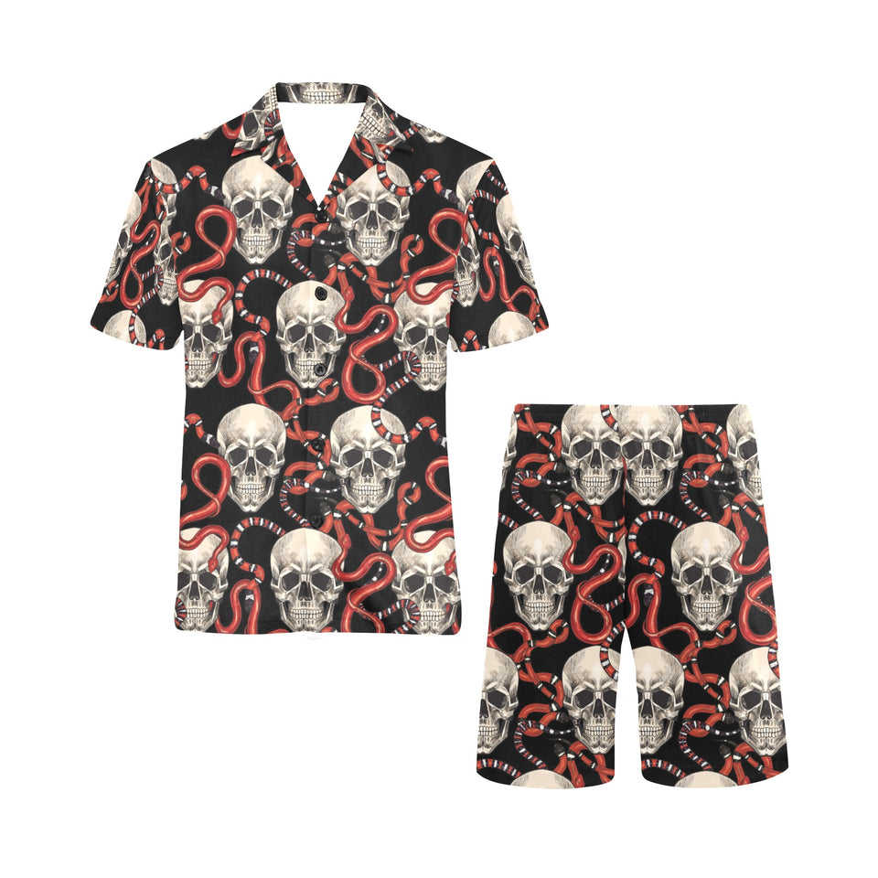 Red snake skull pattern Men's V-Neck Short Pajama Set