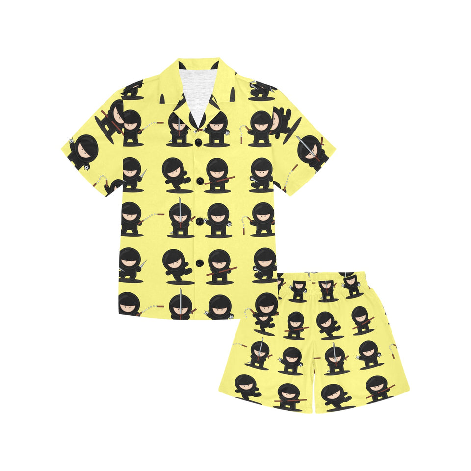 Cute ninja yellow background Kids' Boys' Girls' V-Neck Short Pajama Set