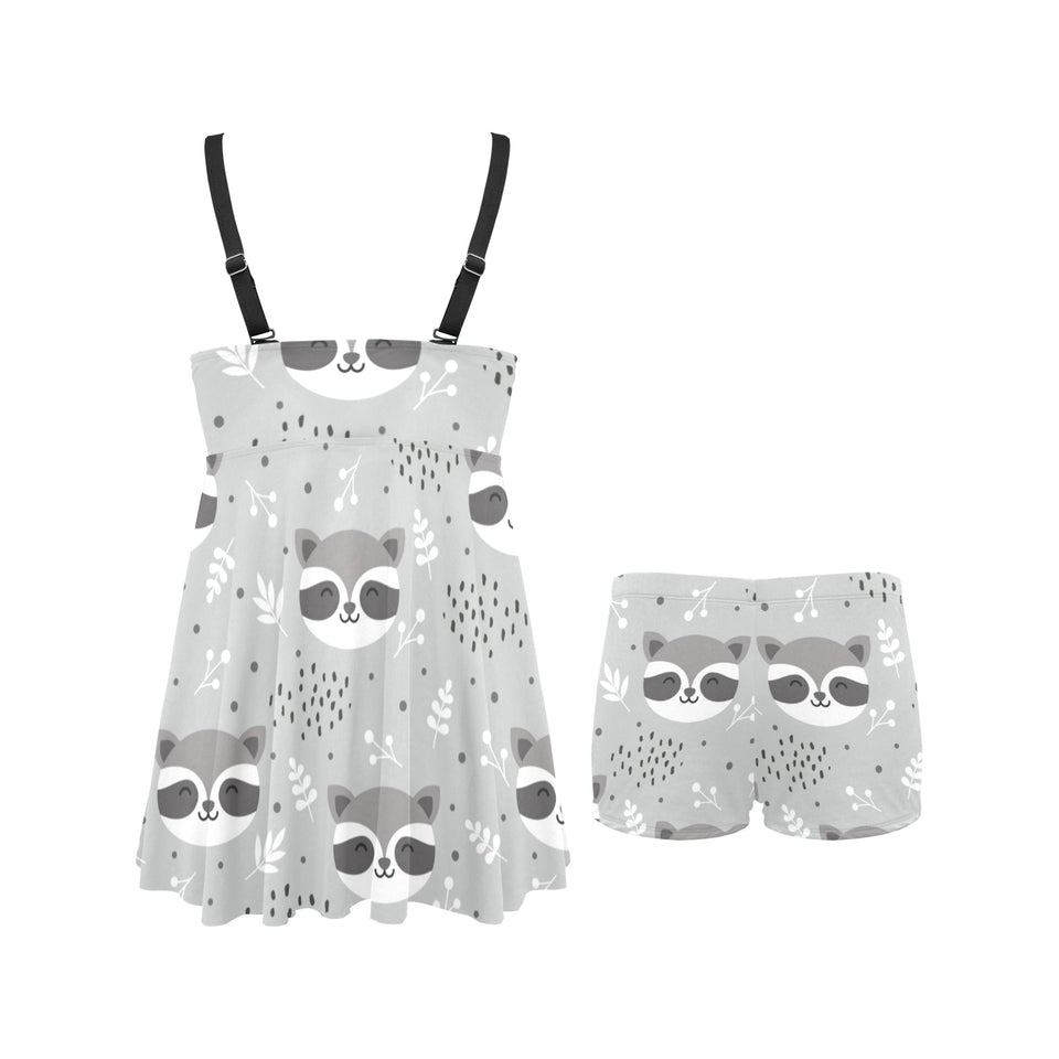 Cute raccoons leaves dot Chest Sexy Pleated Two Piece Swim Dress