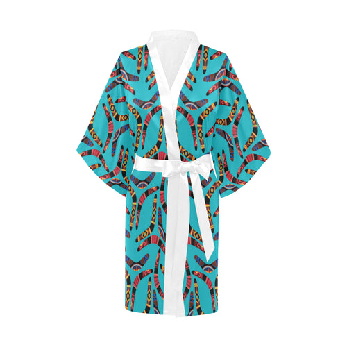 Boomerang Australian aboriginal ornament blue back Women's Short Kimono Robe