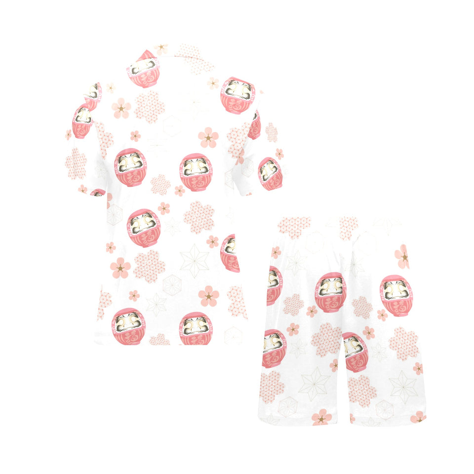 Daruma japanese wooden doll cherry blossom flower Men's V-Neck Short Pajama Set