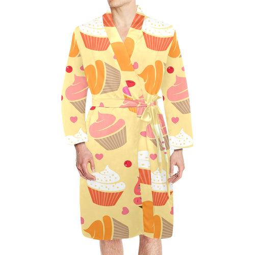 cake cupcake heart cherry pattern Men's Long Sleeve Belted Night Robe