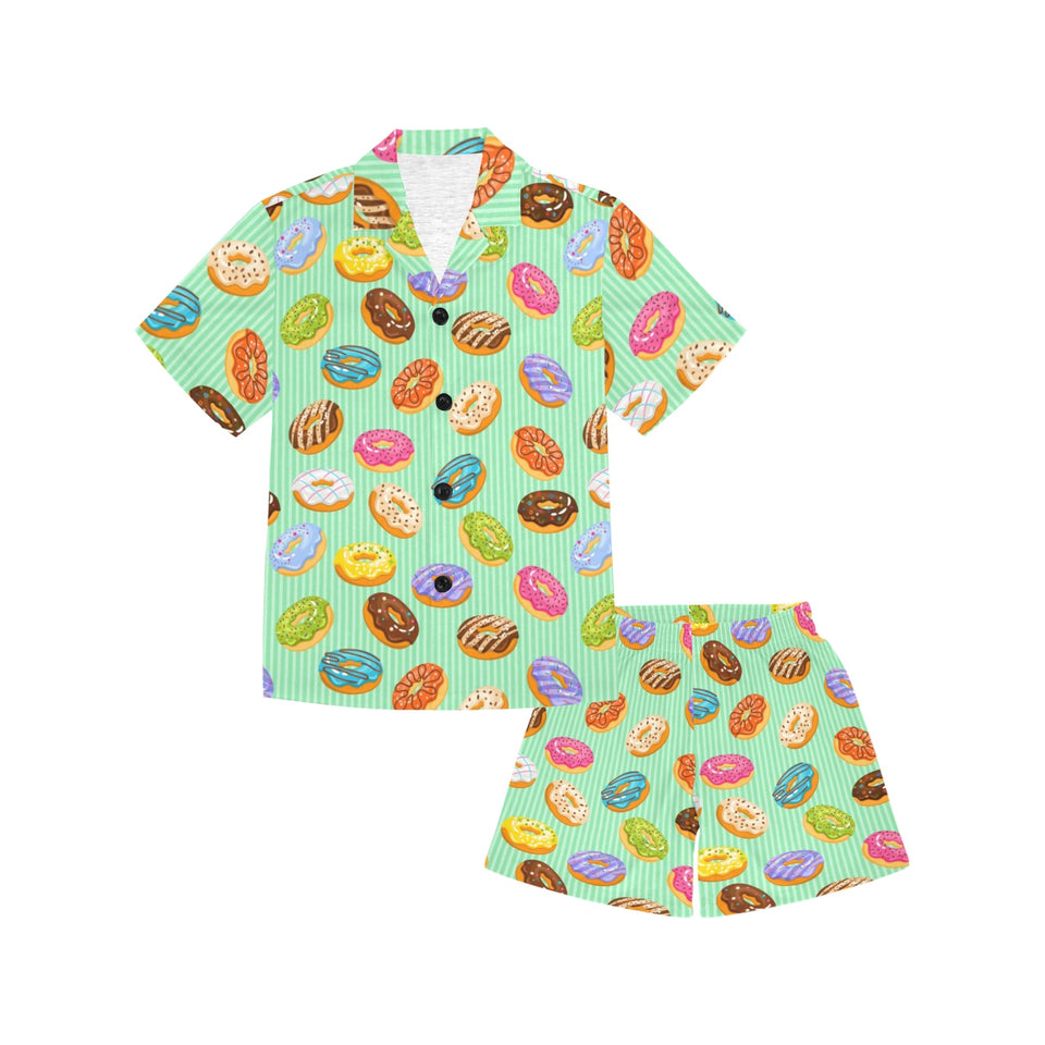 Colorful donut pattern green background Kids' Boys' Girls' V-Neck Short Pajama Set