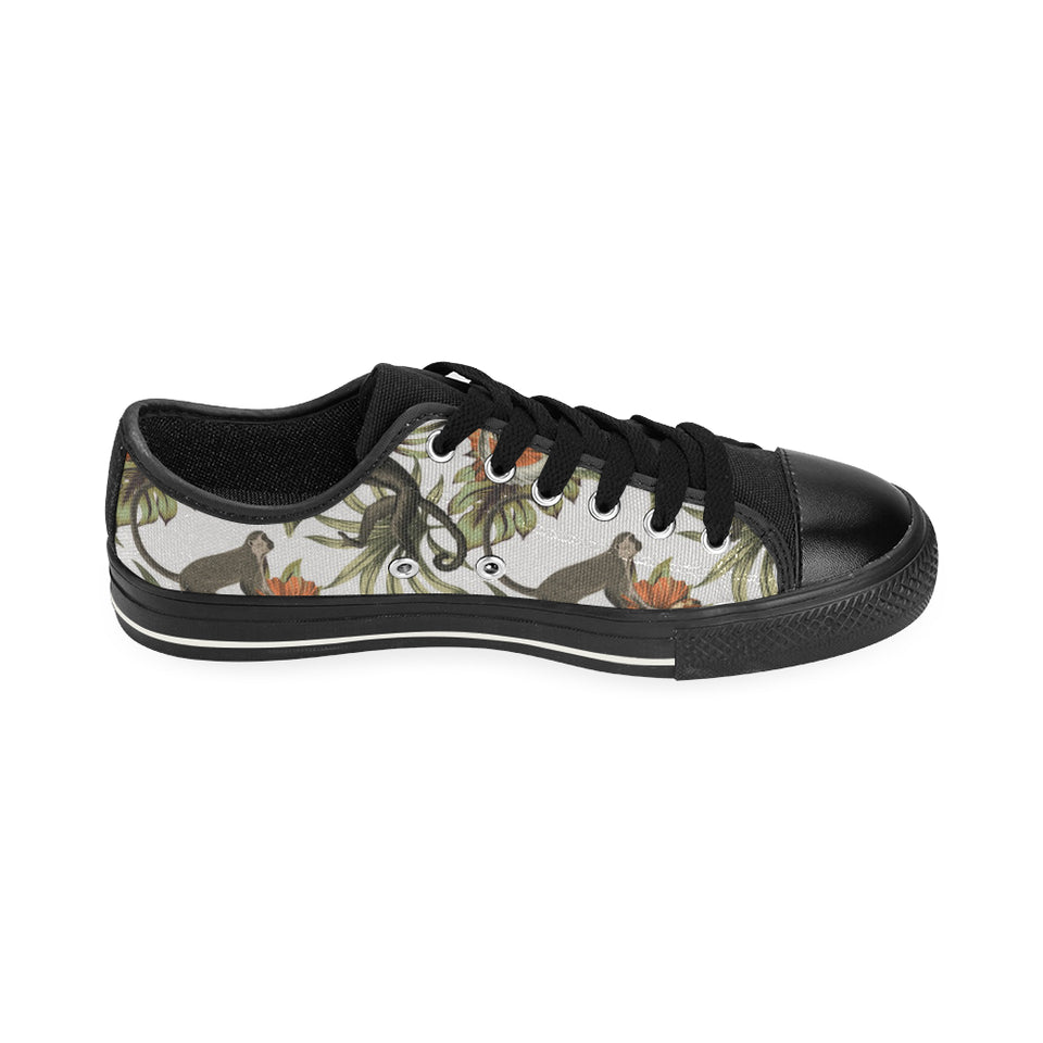 Monkey red hibiscus flower palm leaves floral patt Men's Low Top Canvas Shoes Black