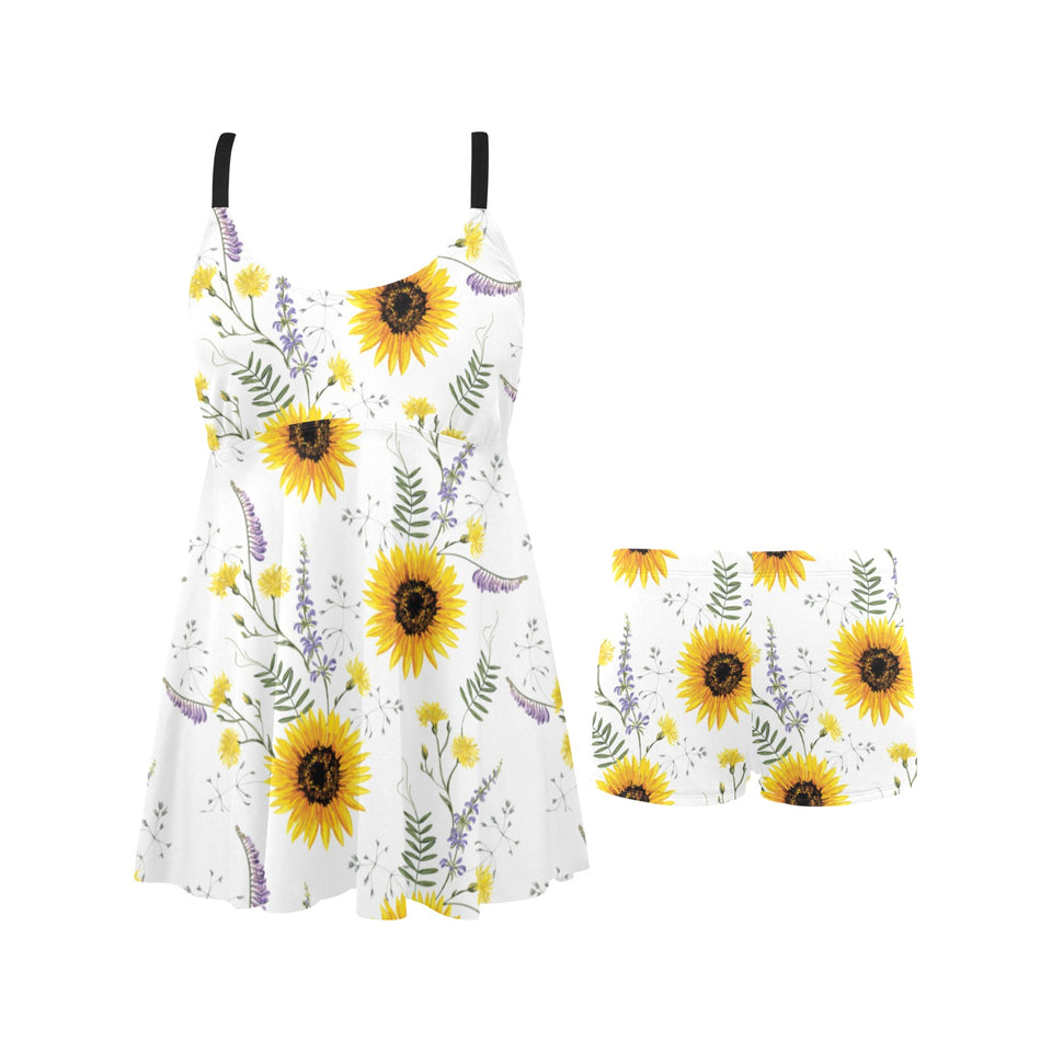 beautiful sunflowers pattern Chest Sexy Pleated Two Piece Swim Dress