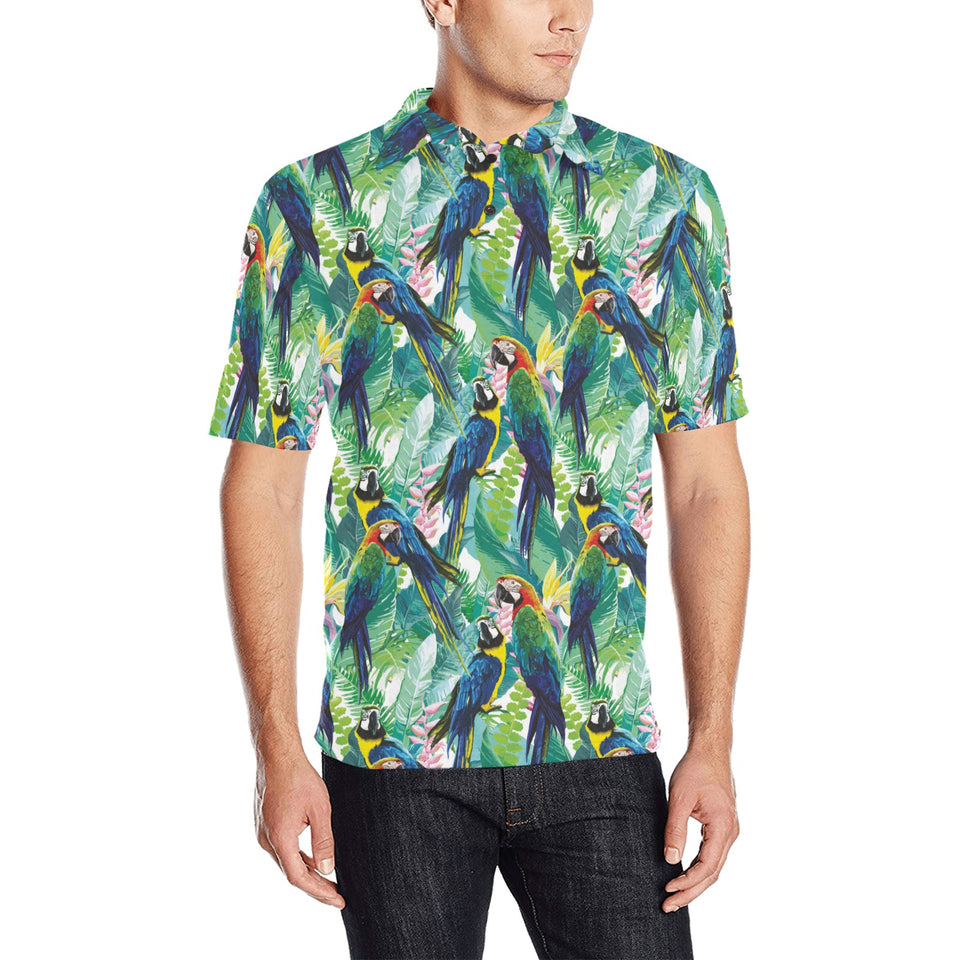Colorful parrot exotic flower leaves Men's All Over Print Polo Shirt