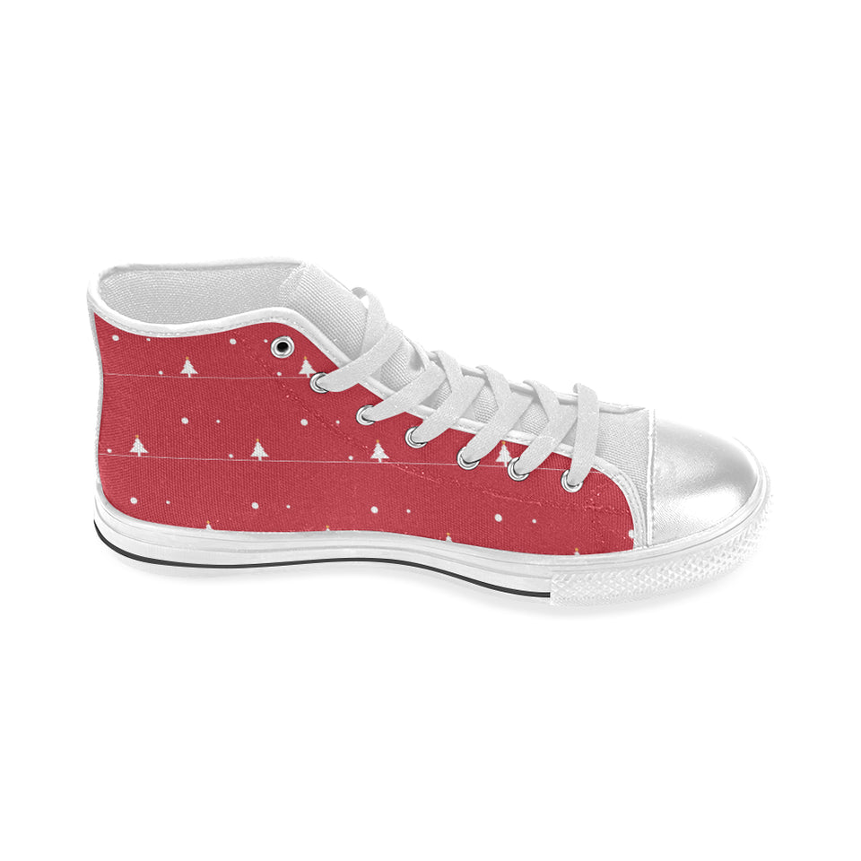 Christmas tree star snow red background Women's High Top Canvas Shoes White
