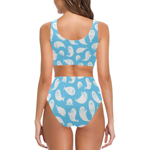 Cute white sea lion seals pattern Chest Bowknot High Waisted Bikini Swimsuit