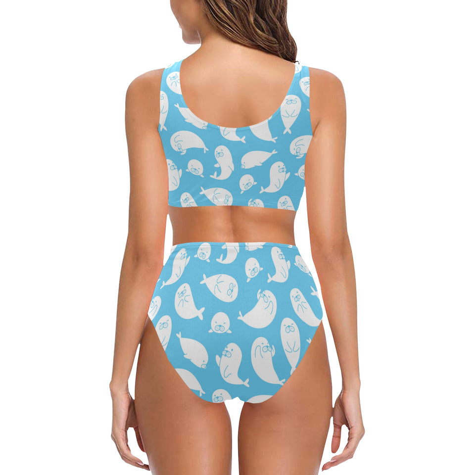 Cute white sea lion seals pattern Chest Bowknot High Waisted Bikini Swimsuit