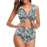 Sea turtle Polynesian Tribal design pattern Chest Bowknot High Waisted Bikini Swimsuit