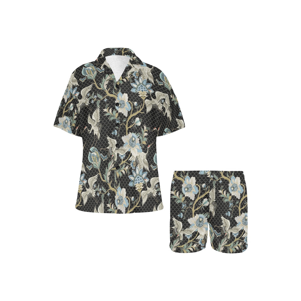 Japanese crane ornament elements Women's V-Neck Short Pajama Set