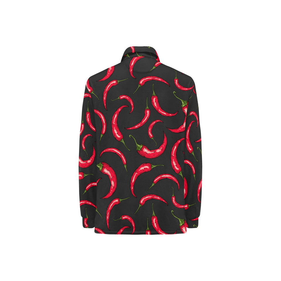 Chili peppers pattern black background Women's Long Sleeve Polo Shirt