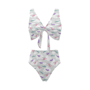 Helicopter plane pattern Chest Bowknot High Waisted Bikini Swimsuit