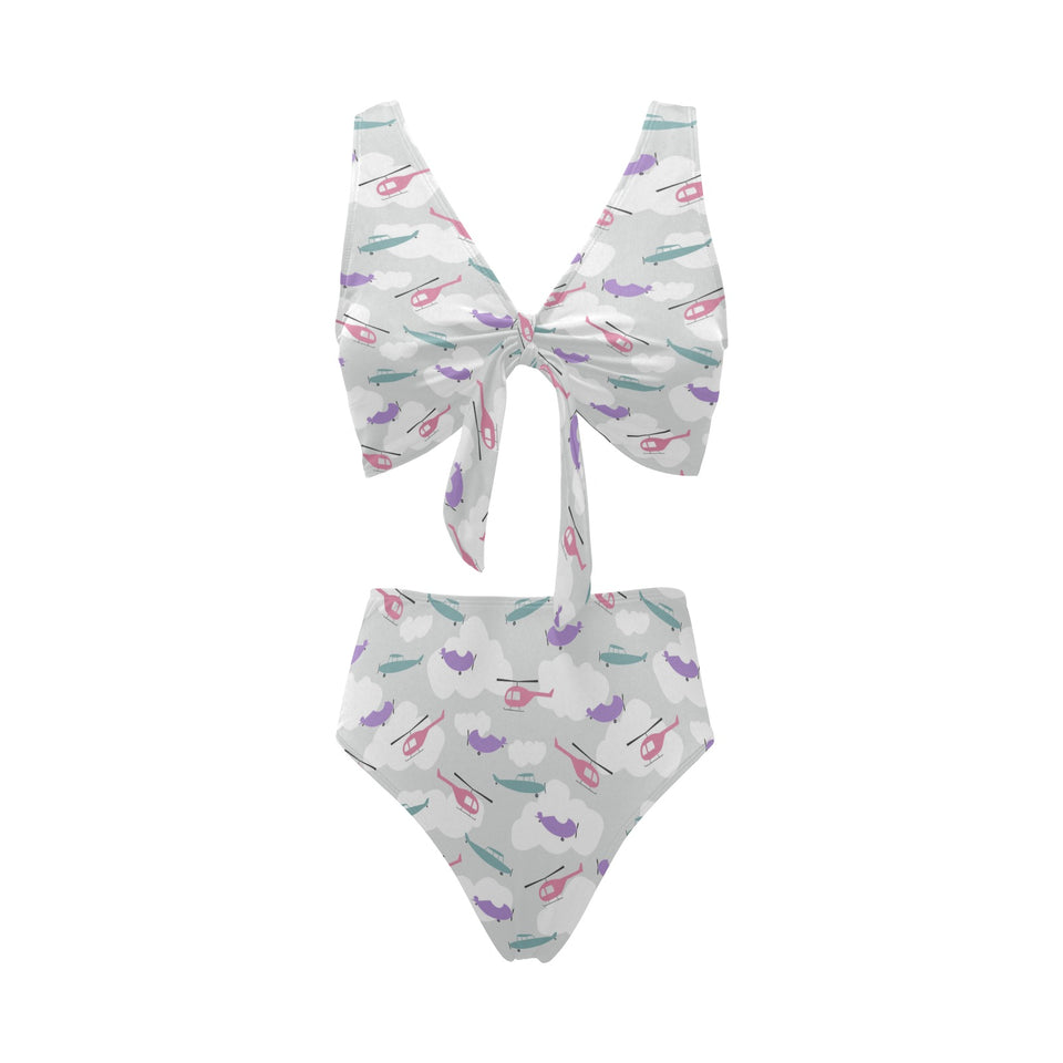 Helicopter plane pattern Chest Bowknot High Waisted Bikini Swimsuit