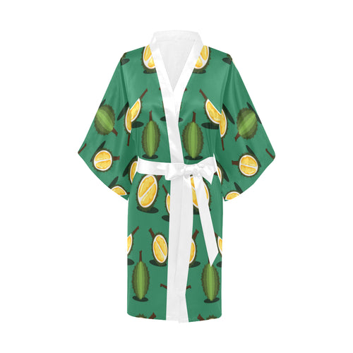 Durian pattern green background Women's Short Kimono Robe