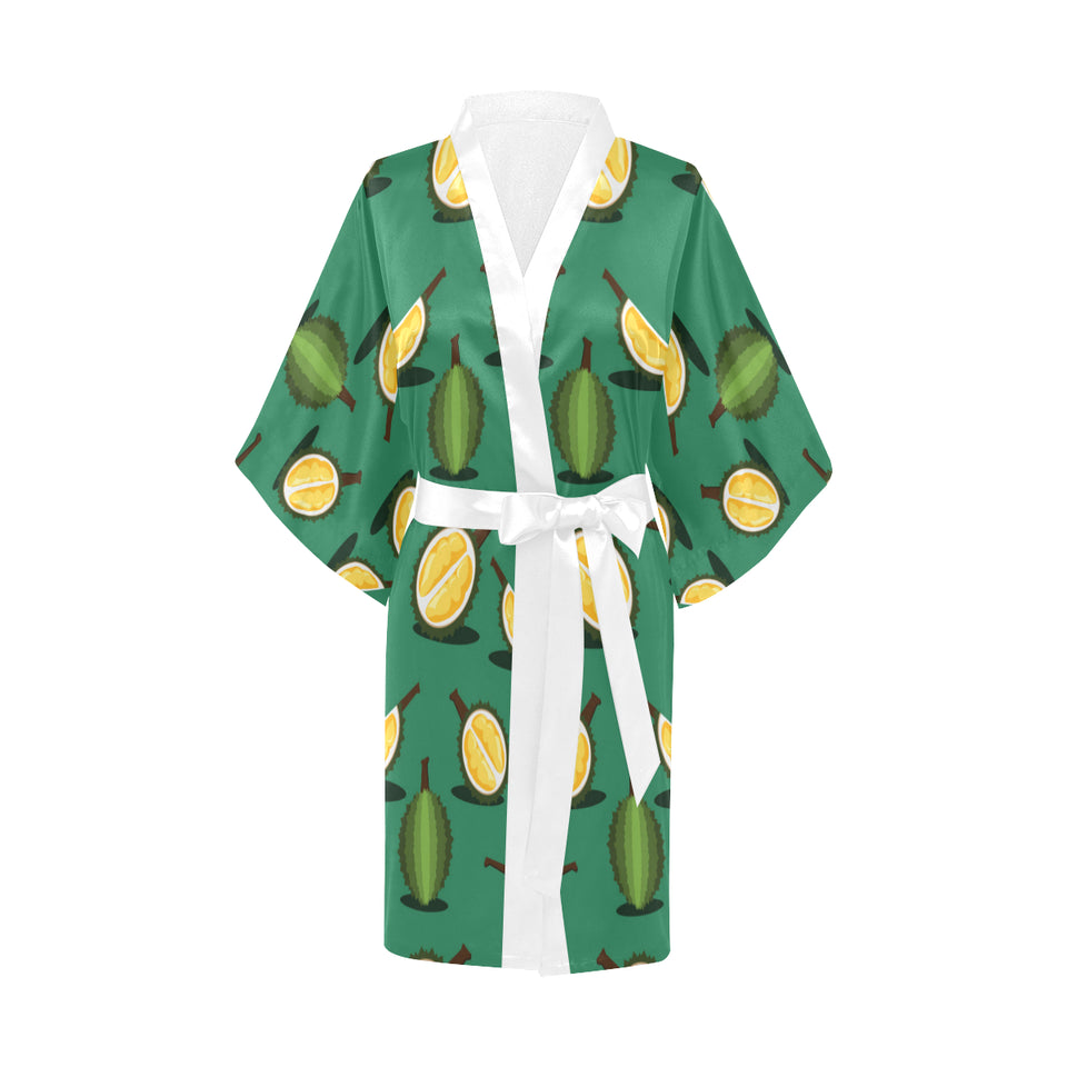 Durian pattern green background Women's Short Kimono Robe