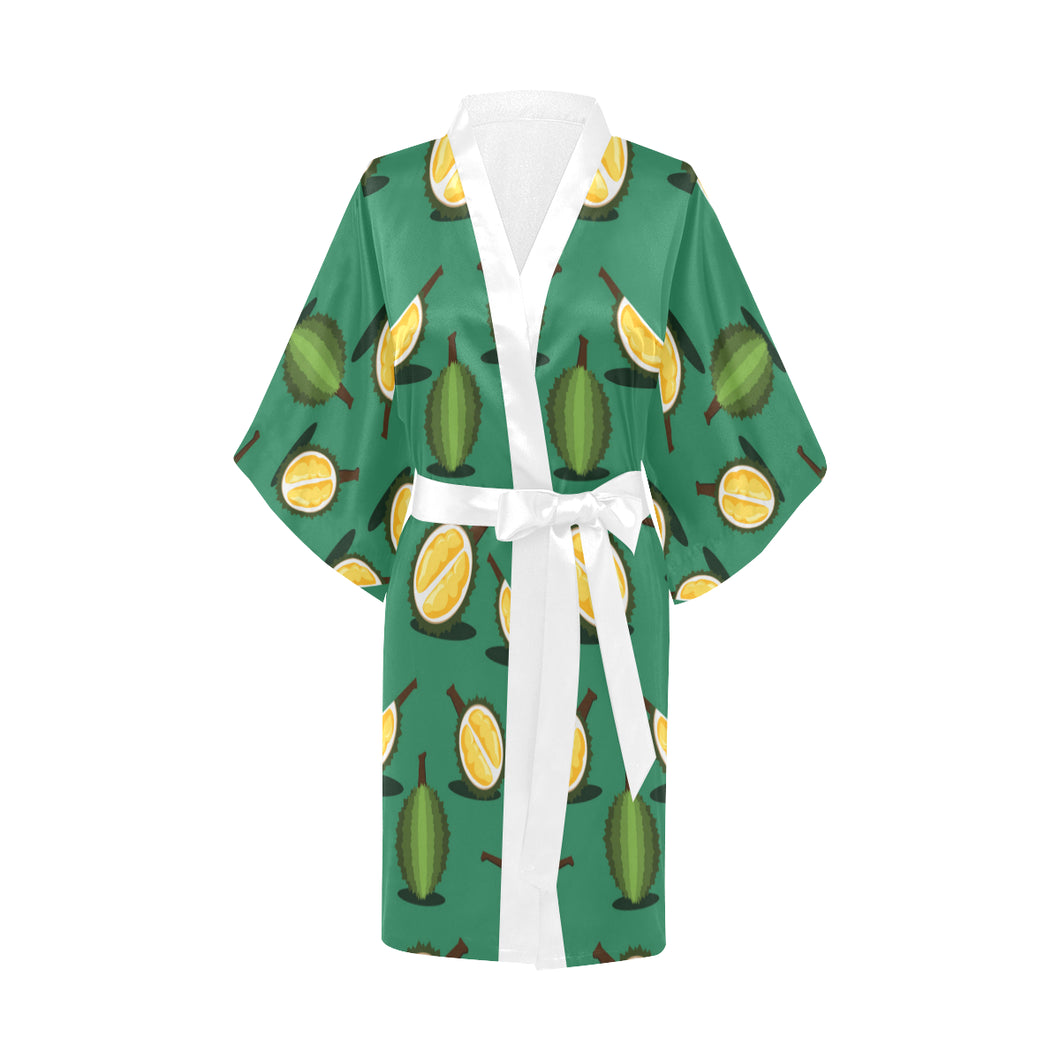 Durian pattern green background Women's Short Kimono Robe