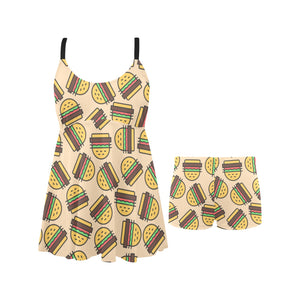 Hamburger Pattern Print Design 01 Chest Sexy Pleated Two Piece Swim Dress