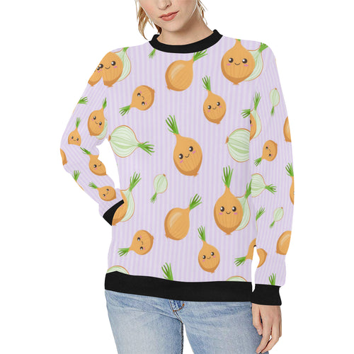 cute onions smiling faces purple background Women's Crew Neck Sweatshirt