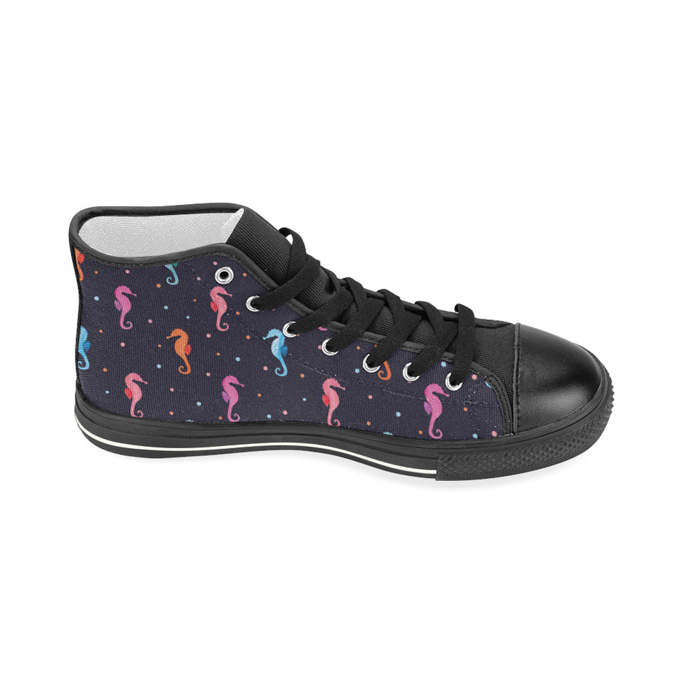 Watercolor colorful seahorse pattern Women's High Top Canvas Shoes Black