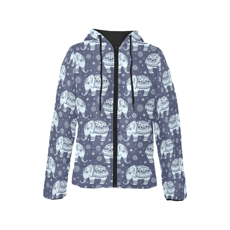 Elephant tribal design pattern Women's Padded Hooded Jacket