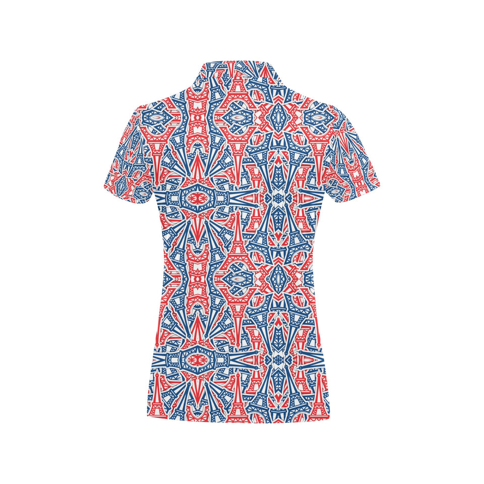Blue Red Eiffel Tower Pattern Print Design 02 Women's All Over Print Polo Shirt