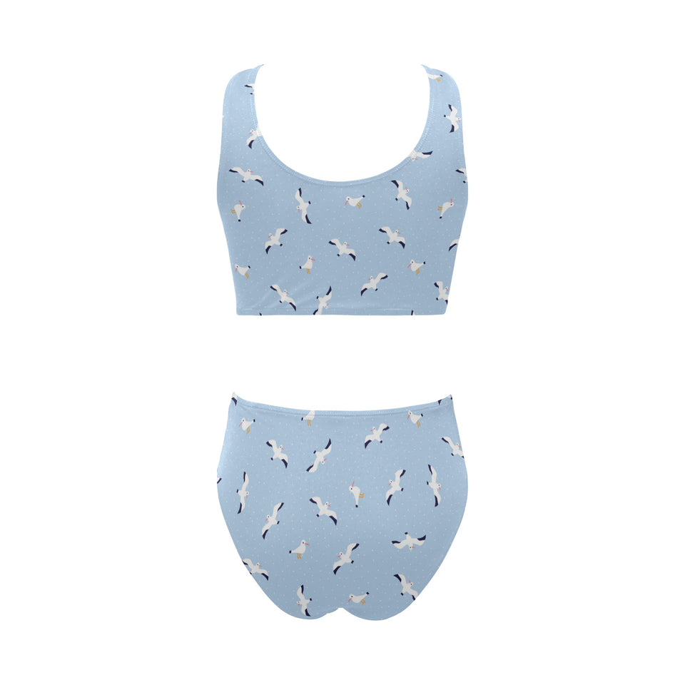 Seagull Pattern Print Design 02 Chest Bowknot High Waisted Bikini Swimsuit