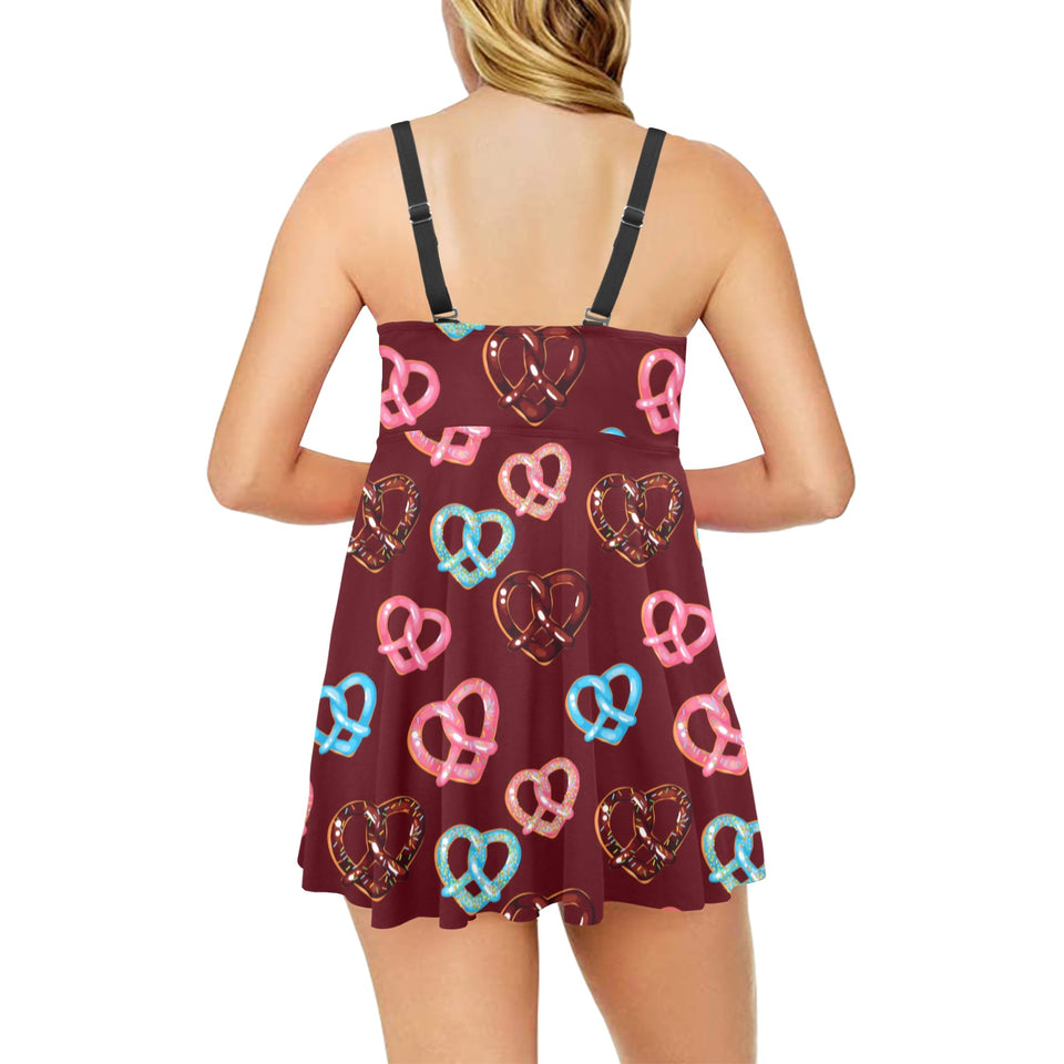 Pretzels Pattern Print Design 05 Chest Sexy Pleated Two Piece Swim Dress