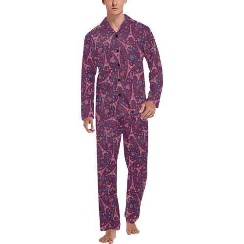 Eiffel Tower Heart Pattern Print Design 04 Men's Long Pajama Set