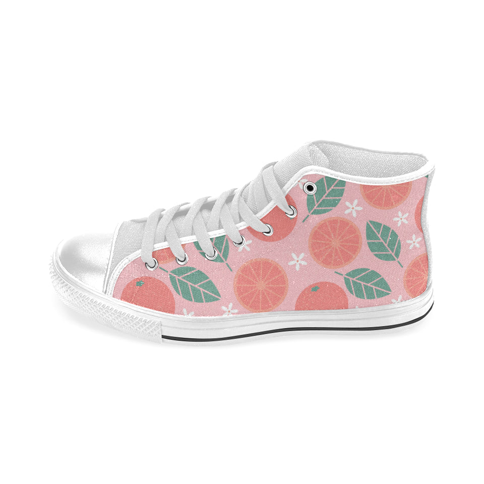 Grapefruit leaves flower pink background Men's High Top Canvas Shoes White
