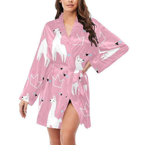 Llama Alpaca pink background Women's Long Sleeve Belted Night Robe