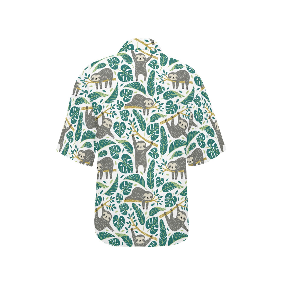 Cute sloths tropical palm leaves white background Women's All Over Print Hawaiian Shirt