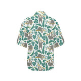 Cute sloths tropical palm leaves white background Women's All Over Print Hawaiian Shirt
