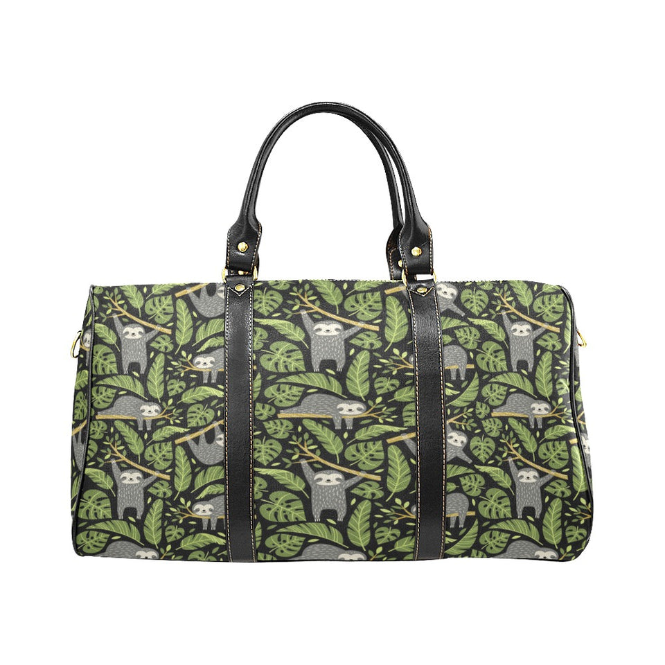 Cute sloths tropical palm leaves black background Travel Bag