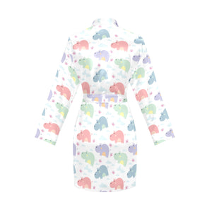 Hippopotamus Pattern Print Design 03 Women's Long Sleeve Belted Night Robe