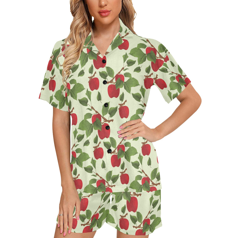 Red apples leaves pattern Women's V-Neck Short Pajama Set