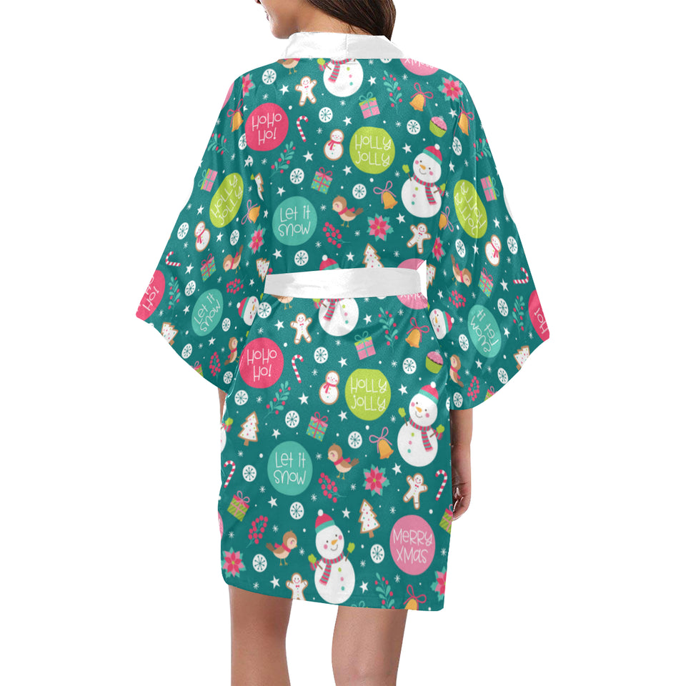 Snowman bird decorative elements christmas pattern Women's Short Kimono Robe