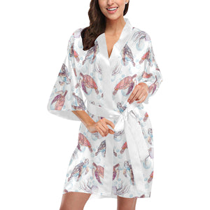 Watercolor sea turtle jellyfish pattern Women's Short Kimono Robe
