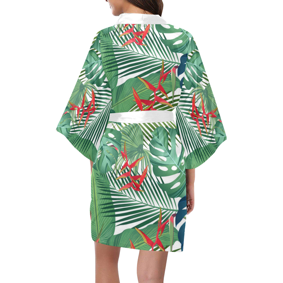heliconia palm and monstera  leaves pattern Women's Short Kimono Robe