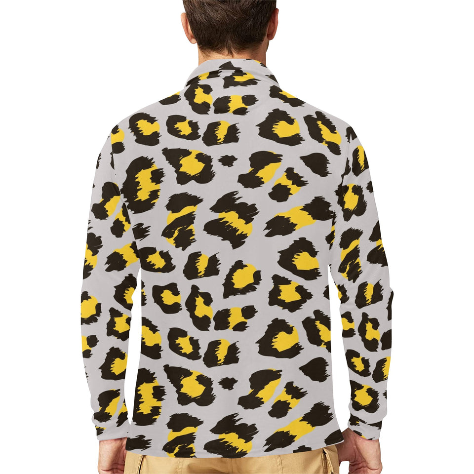 Gray Leopard print pattern Men's Long Sleeve Polo Shirt