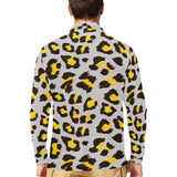 Gray Leopard print pattern Men's Long Sleeve Polo Shirt