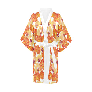 Orange yellow orchid flower pattern background Women's Short Kimono Robe