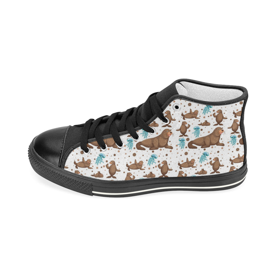 sea lion Seals jellyfish pattern Women's High Top Canvas Shoes Black