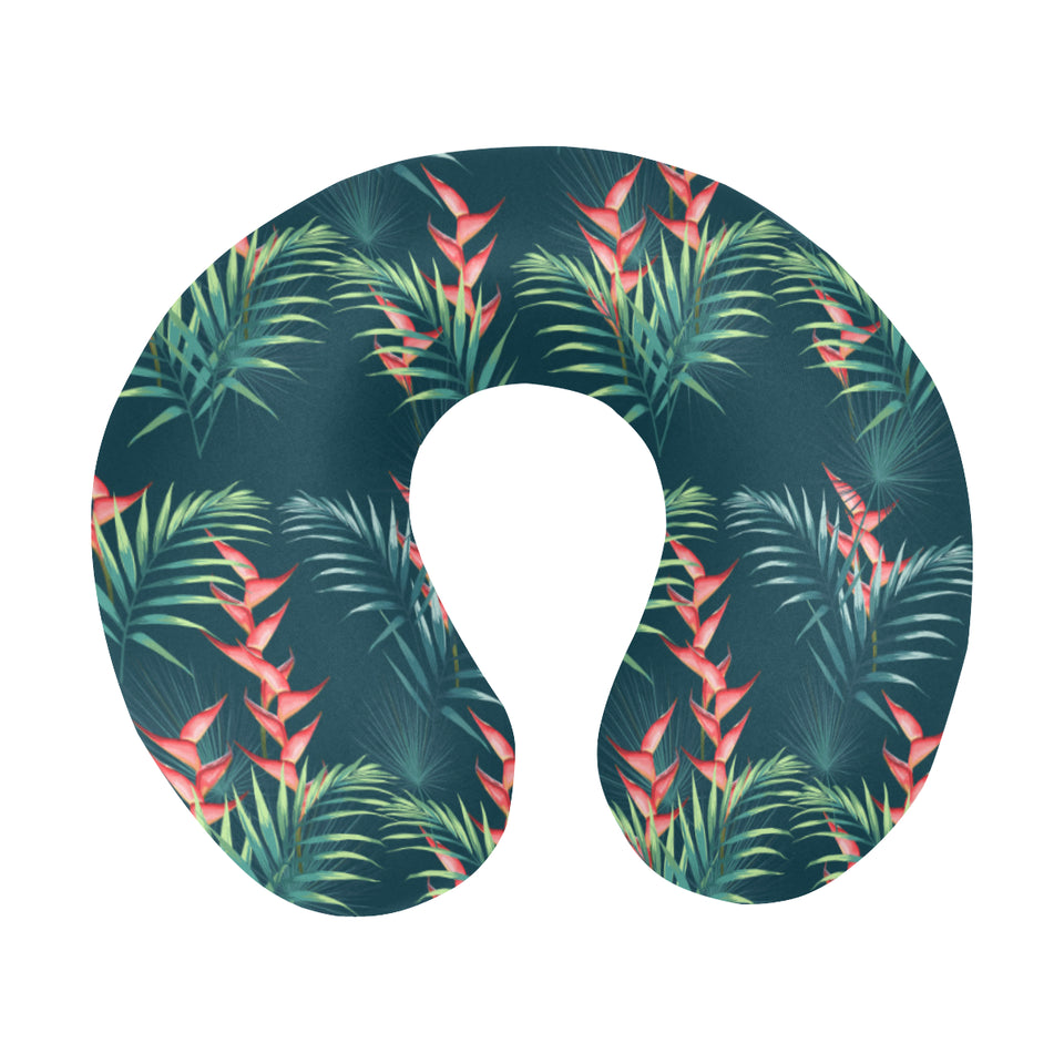 heliconia flowers, palm and monstera leaves on bla U-Shaped Travel Neck Pillow