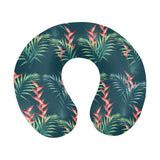 heliconia flowers, palm and monstera leaves on bla U-Shaped Travel Neck Pillow