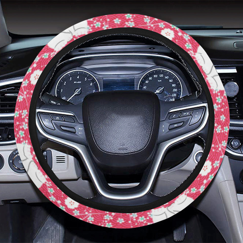 Maneki neko cat sakura pink background Car Steering Wheel Cover